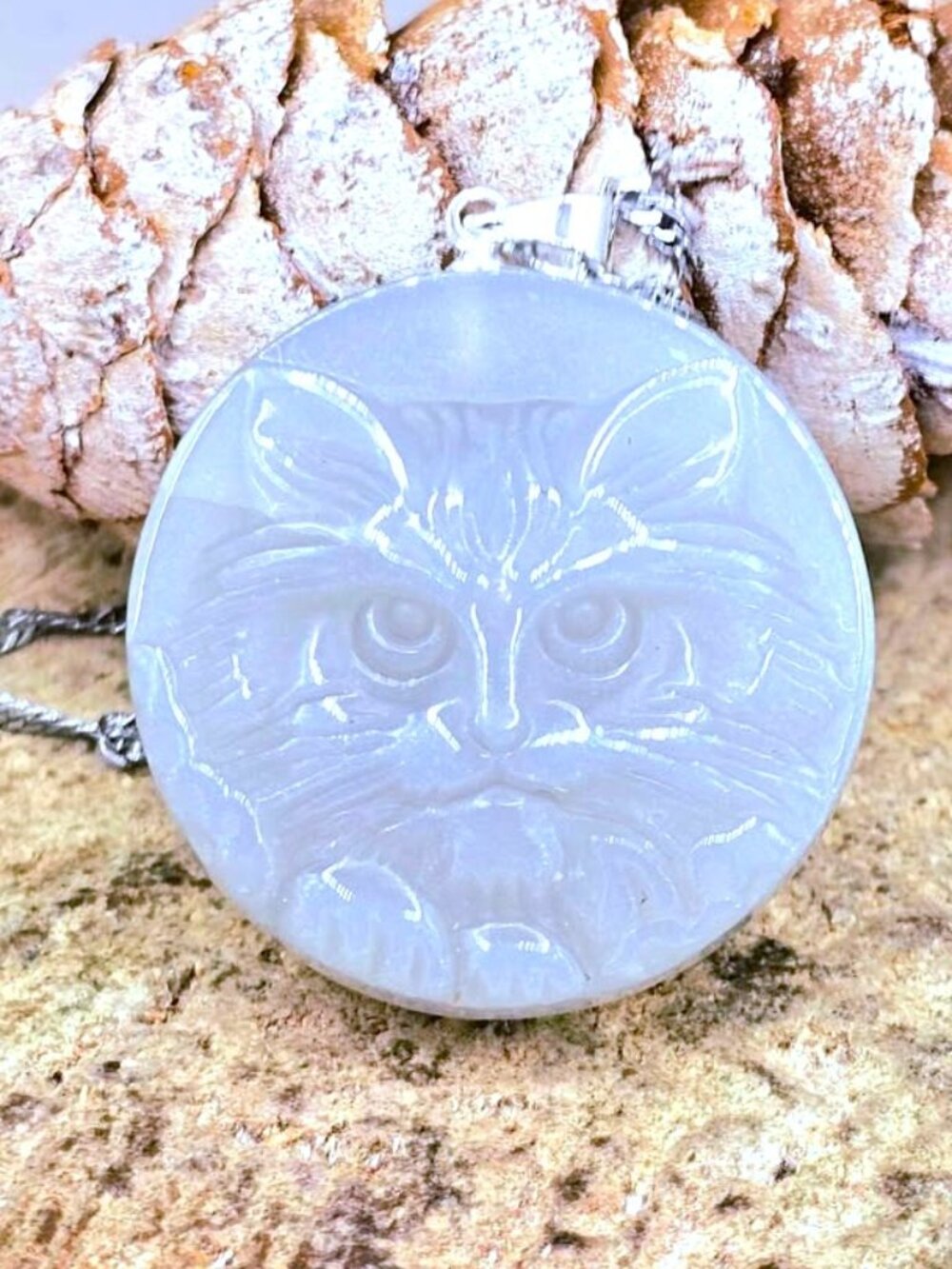 Flashy Natural Moonstone Cat Face Pendant • 1.2" Stone Carved Crystal Necklace